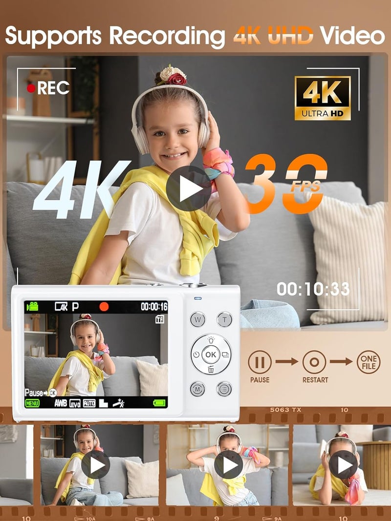 Lecnippy Digital Camera,Autofocus 4K Vlogging Camera for Photography with 32GB Card,48MP Portable Compact Point and Shoot Digital Camera for Teens Adult Beginner with 16X Zoom,Anti-Shake,2 Batteries(White) - Image 3